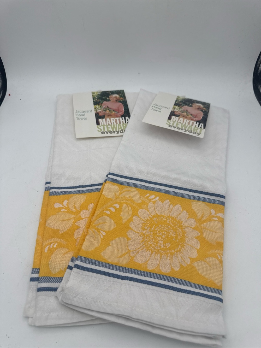 Vtg 1997 Martha Stewart Everyday Sunflower Hand Towels NWT Jacquard Yellow Set 2